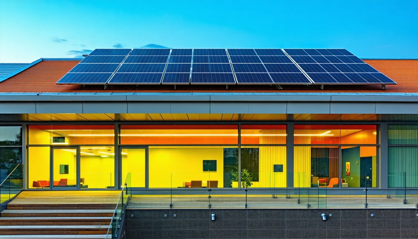 A vibrant image showing a modern office building w